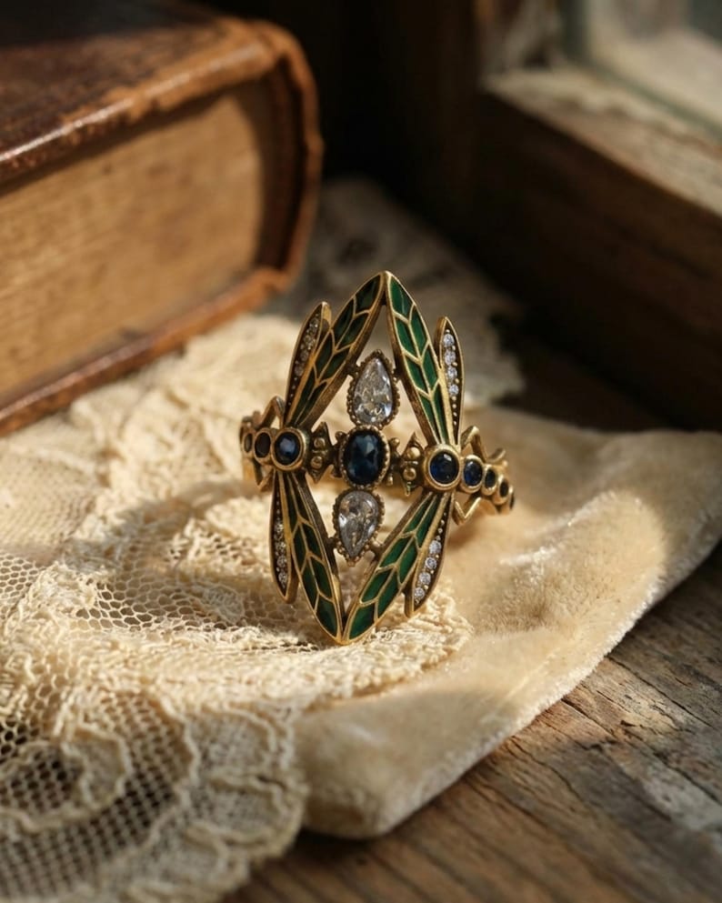 Art Nouveau Dragonfly Ring, Vintage Green Enamel Insect Jewelry image 5