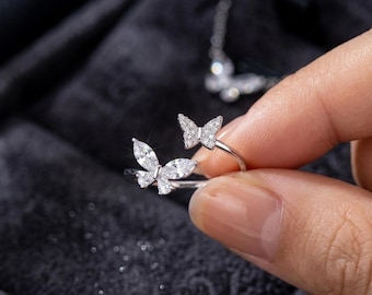 Silver Butterfly Crystal Ring – Adjustable CZ Stone Band, Kpop Style Jewelry Gift for Her