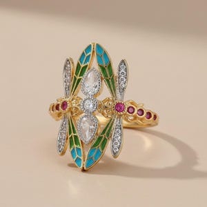 Art Nouveau Dragonfly Ring, Vintage Green Enamel Insect Jewelry 2