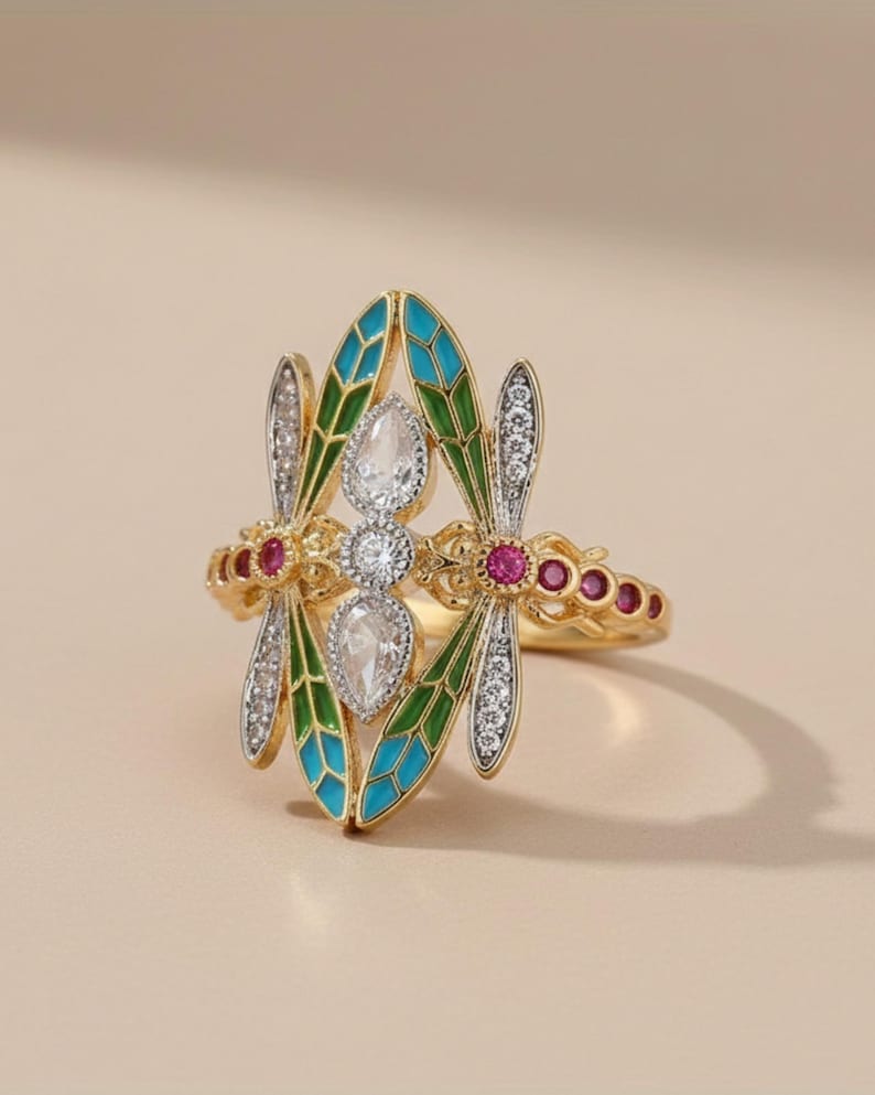 Art Nouveau Dragonfly Ring, Vintage Green Enamel Insect Jewelry 2