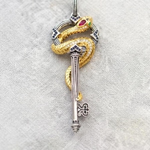 Sterling Silver Snake Key Pendant, Gold Plated Serpent, Ruby Emerald Eyes Necklace