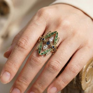Art Nouveau Dragonfly Ring, Vintage Green Enamel Insect Jewelry image 2