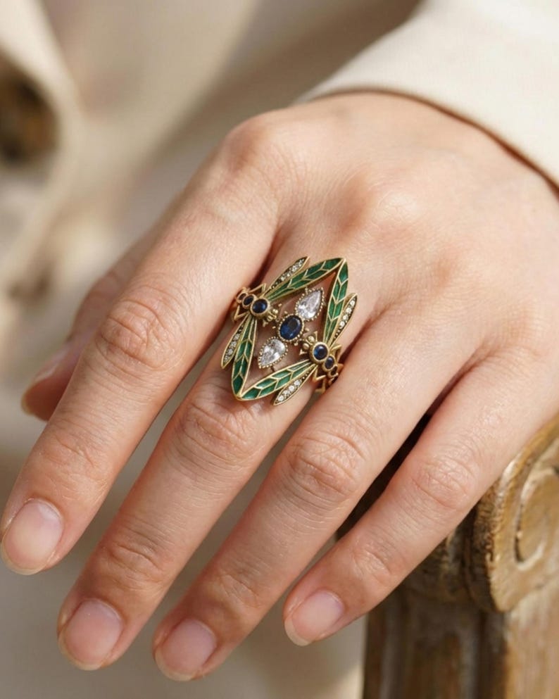 Art Nouveau Dragonfly Ring, Vintage Green Enamel Insect Jewelry image 2