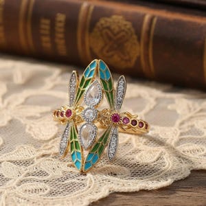 Art Nouveau Dragonfly Ring, Vintage Green Enamel Insect Jewelry image 3
