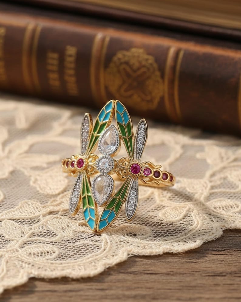 Art Nouveau Dragonfly Ring, Vintage Green Enamel Insect Jewelry image 3