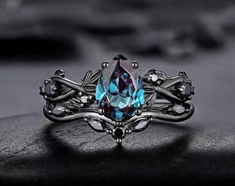 Gothic Pear Blue Gemstone Ring – Oxidized Vine Leaf Band, Dark Romance Engagement Ring