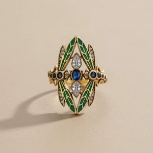 Art Nouveau Dragonfly Ring, Vintage Green Enamel Insect Jewelry 1