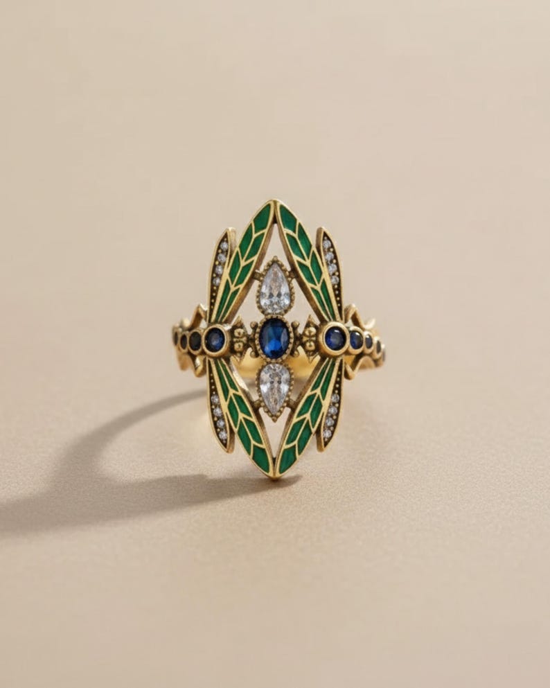 Art Nouveau Dragonfly Ring, Vintage Green Enamel Insect Jewelry 1