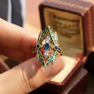 Art Nouveau Dragonfly Ring, Vintage Green Enamel Insect Jewelry image 1