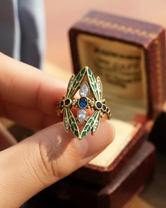 Art Nouveau Dragonfly Ring, Vintage Green Enamel Insect Jewelry