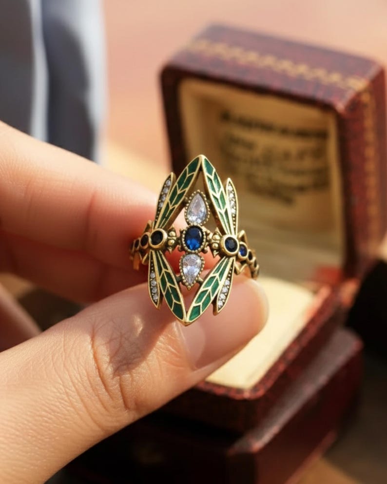 Art Nouveau Dragonfly Ring, Vintage Green Enamel Insect Jewelry image 1