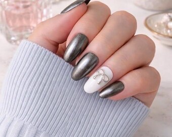 Silver Glossy & White Ring Finger With Silver bow Press-On Nails | Handcrafted | Salon Quality at Home | Glue On Nails | False nails