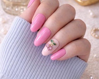 Pink Cherry Charm Press-On Nails | Handcrafted | Salon Quality at Home | Reusable Nails | Glue On Nails UK | False nails