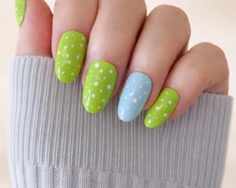 Green & Blue Polka Dot  Press-On Nails | Handcrafted | Salon Quality at Home | Reusable Nails | Glue On Nails UK | False nails