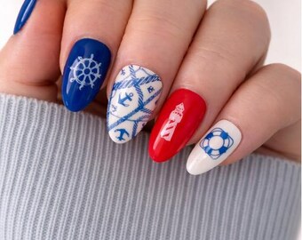 Red White and Blue Nautical Press On Nails | Summer Nails | Handmade | Reusable False Nails | Available in various shapes, length & sizes