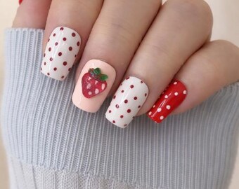 Strawberry Polka Dot  Press-On Nails | Handcrafted | Salon Quality at Home | Reusable Nails | Glue On Nails UK | False nails