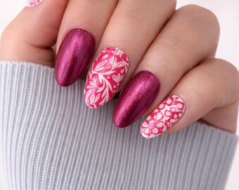 Pink Floral Press On Nails |  Handmade | Summer Nails | Reusable False Nails | Glue On Nails | Available in various shapes, lengths & sizes
