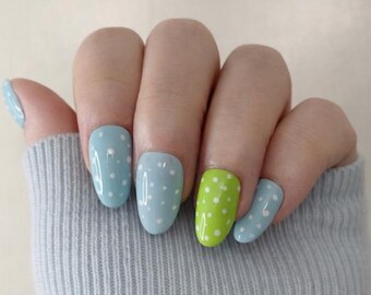 Blue & Green Polka Dot  Press-On Nails | Handcrafted | Salon Quality at Home | Reusable Nails | Glue On Nails UK | False nails