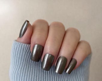 Mystical Sone Press-On Nails | Glossy Dark Silver| Handcrafted | Salon Quality at Home | Reusable Nails | Glue On Nails UK