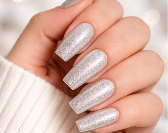 Silver Sparkle Glossy Press-on Nails | Handmade | Available in various shapes & lengths | Spring Nails | Reusable False Nails