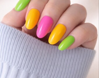 Pink Green Yellow Press On Nails | Handmade | Spring | Reusable False Nails | Glue On Nails | Available in various shapes, lengths & sizes