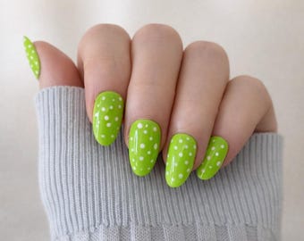 Pastel Green Polka Dot  Press-On Nails | Handcrafted | Salon Quality at Home | Reusable Nails | Glue On Nails UK | False nails