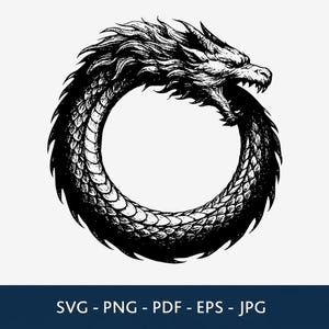 Puede incluir: Una ilustración gráfica en blanco y negro de un dragón Ouroboros que forma una figura circular con su cuerpo, con escamas detalladas, una melena fluida y la boca abierta. El texto SVG - PNG - PDF - EPS - JPG aparece en la parte inferior.