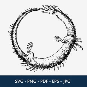 Peut inclure: Une illustration en noir et blanc au trait représentant un Ouroboros, montrant une longue créature écailleuse ressemblant à un lézard avec des épines acérées sur le dos, courbant son corps en cercle pour mordre sa queue, avec des griffes visibles.