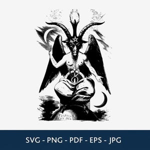 May include: A black and white illustration of the Baphomet figure featuring a goat head, large wings, and a pentagram on the forehead. The figure sits on a globe with the text SOLVE and COAGULA on the arms and ELIPHAS LEVI DEL at the base.