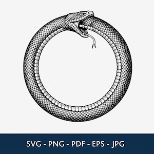 Peut inclure: Une illustration en noir et blanc au trait représentant un Ouroboros, montrant un serpent enroulé en cercle qui se mord la queue. Le motif présente des écailles détaillées et une langue fourchue visible, sous forme d'icône graphique.