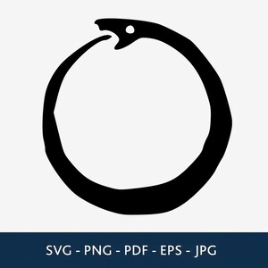 Peut inclure: Une illustration graphique noire d'un Ouroboros, un serpent mangeant sa propre queue, formant une forme circulaire. Sous le graphique, le texte indique : SVG - PNG - PDF - EPS - JPG. Le design est présenté sur un fond blanc avec un pied de page bleu foncé.