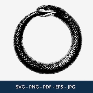Op de afbeelding: Een zwart-witte grafische illustratie van een ouroboros, die een slang toont die in een cirkel is gekruld en in zijn eigen staart bijt. Het ontwerp bevat gedetailleerde schubben en wordt weergegeven met de tekst SVG - PNG - PDF - EPS - JPG eronder.