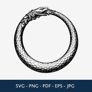 Peut inclure: Une illustration graphique en noir et blanc d'un Ouroboros, représentant un serpent enroulé en cercle, se mordant la queue. Le serpent présente des écailles détaillées et des ornements décoratifs près de la tête. Le texte indique : SVG - PNG - PDF - EPS - JPG.