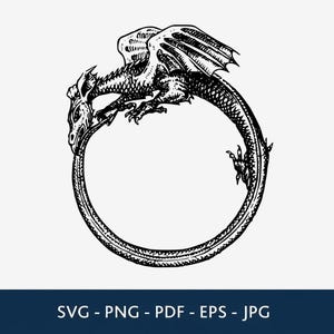 Peut inclure: Une illustration graphique en noir et blanc représentant un dragon enroulé en forme de cercle, se mordant la queue. Le motif présente des lignes et des ombres détaillées, présenté comme un fichier numérique avec le texte SVG - PNG - PDF - EPS - JPG.