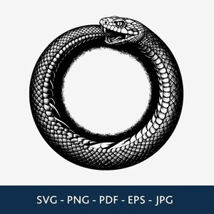 May include: A black and white graphic illustration of an Ouroboros, depicting a snake coiled in a circle biting its own tail. The design features detailed scale textures and shading, with the text SVG - PNG - PDF - EPS - JPG at the bottom.