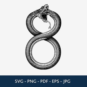 May include: A black and white graphic illustration of a snake coiled into the shape of the number eight, with its mouth open and fangs visible. Below the graphic, the text reads: SVG - PNG - PDF - EPS - JPG.