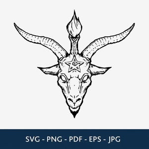 May include: A black and white line art illustration of a goat head featuring large curved horns, a central flame element between the horns, and a five-pointed star symbol on the forehead. The text SVG - PNG - PDF - EPS - JPG is at the bottom.