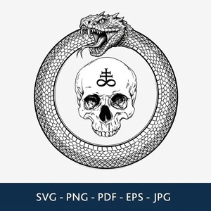 May include: A black and white digital illustration of an Ouroboros snake forming a circle around a human skull. The snake has detailed scales and an open mouth with fangs. The skull features a Leviathan cross symbol on the forehead. Text: SVG - PNG - PDF - EPS - JPG.