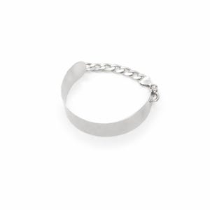 May include: A silver bracelet with a wide, curved band and a chain link section. The bracelet has a simple, modern design with a clasp closure. The jewellery is displayed on a white background.
