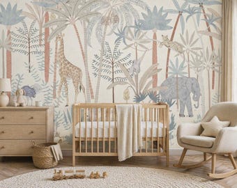 Nursery Wallpaper Mural | Safari animals in soft watercolours | Peel & Stick
