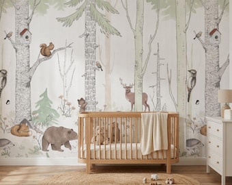 Mural de papel pintado para habitación infantil / Animales del bosque en suaves acuarelas / Autoadhesivo