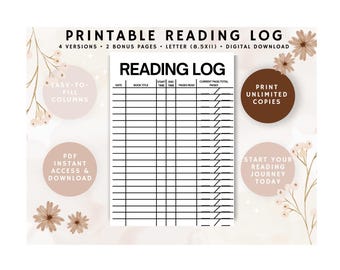 Journal de lecture imprimable | Suivi des habitudes de lecture | Lecture de pages d'agenda | Journal de lecture quotidien | Suivi des listes de livres |  | Téléchargement numérique instantané