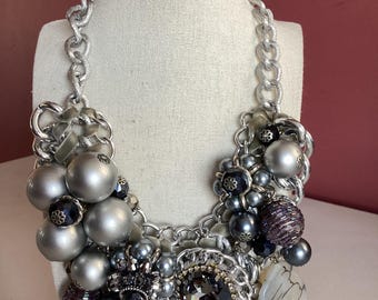 Chunky Statement Necklace Silver Tone Beaded Cluster Crystal Pendant Artisan Style