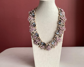 Vintage Pink Rhinestone Statement Necklace Couture Style Runway Glam Bib Necklace