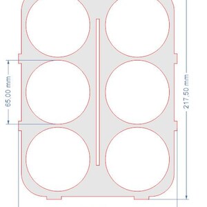 May include: A gray, rectangular template with six circular cutouts, each approximately 2.56 inches in diameter. The template is 8.53 inches tall and 6.35 inches wide. Red lines indicate the cut lines and dimensions.