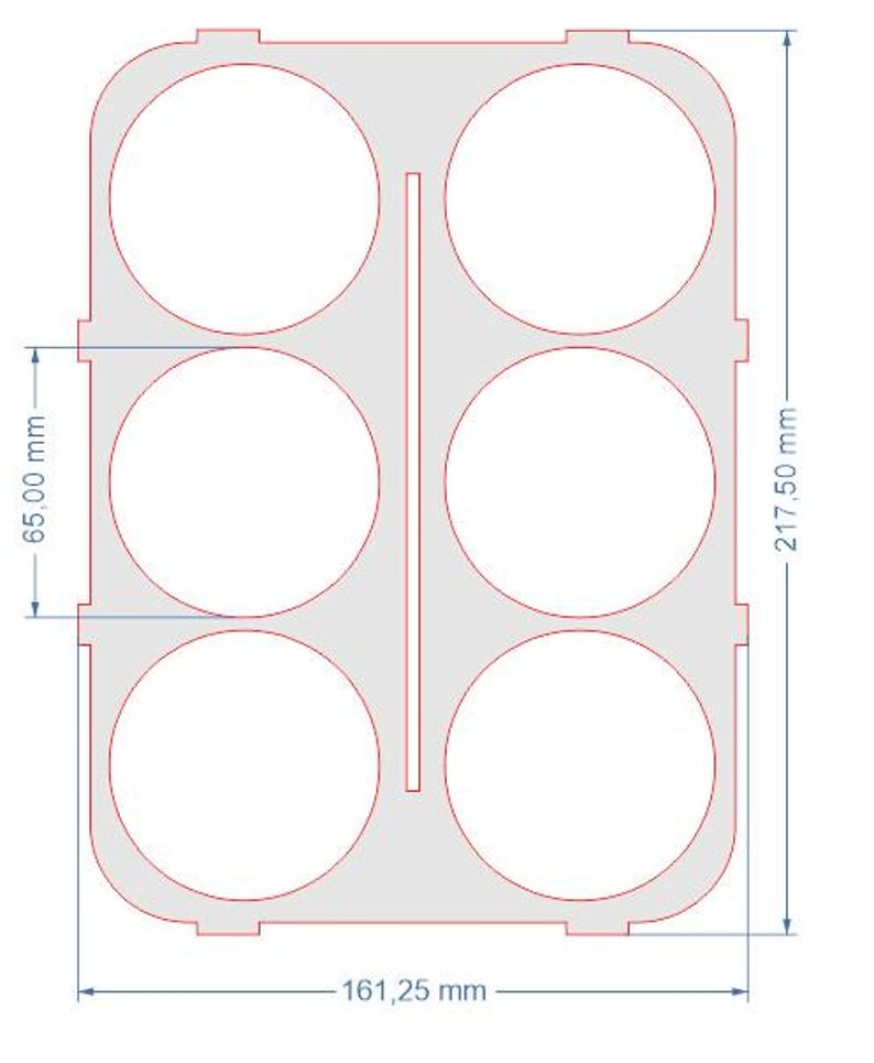 May include: A gray, rectangular template with six circular cutouts, each approximately 2.56 inches in diameter. The template is 8.53 inches tall and 6.35 inches wide. Red lines indicate the cut lines and dimensions.