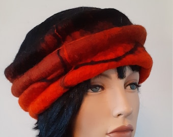 Beautiful 1920 retro beret, rust and black flapper hat, felt beret, 1920s inspired hat, art deco fashion, 20s accessory, winter hat