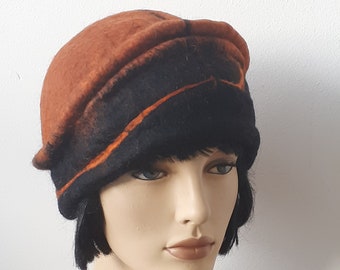 1920 retro beret, black and rust flapper hat, felt beret, 1920s inspired hat, art deco fashion, 20s accessory, winter hat