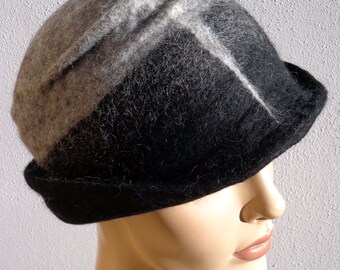 Vintage Hood Side Pleat Hand Made Natural Stone /& Wood Accents Patterned Fur Felt Cloche Hat Shades of Green and Brown