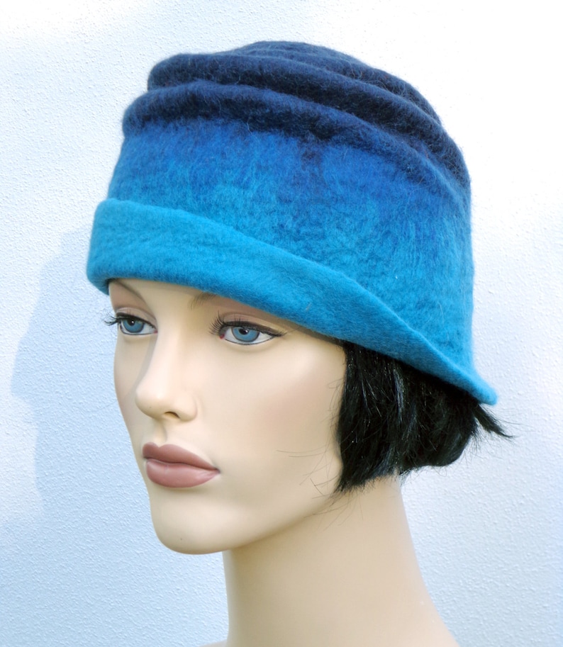 Retro hat blue felt cloche, 1920s inspired hat, art deco fashion, vintage inspired, winter hat, merino wool, cyber monday image 4